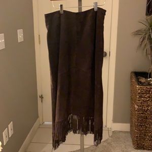 Leather suede dark brown long skirt w fringe